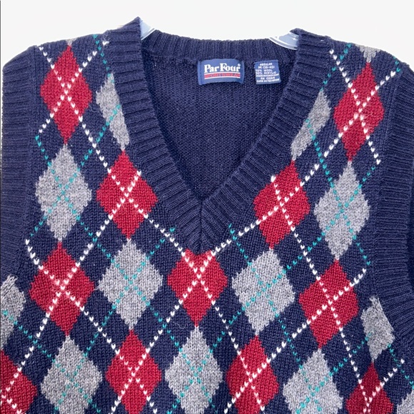 PAR FOUR Men's Argyle Sweater VEST - Navy & Red Wool Blend Medium Preppy Old $$ - Picture 1 of 11